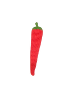 Suzie's Sunshine Dolls red crocheted chili pepper with green stem, made from cotton yarn.