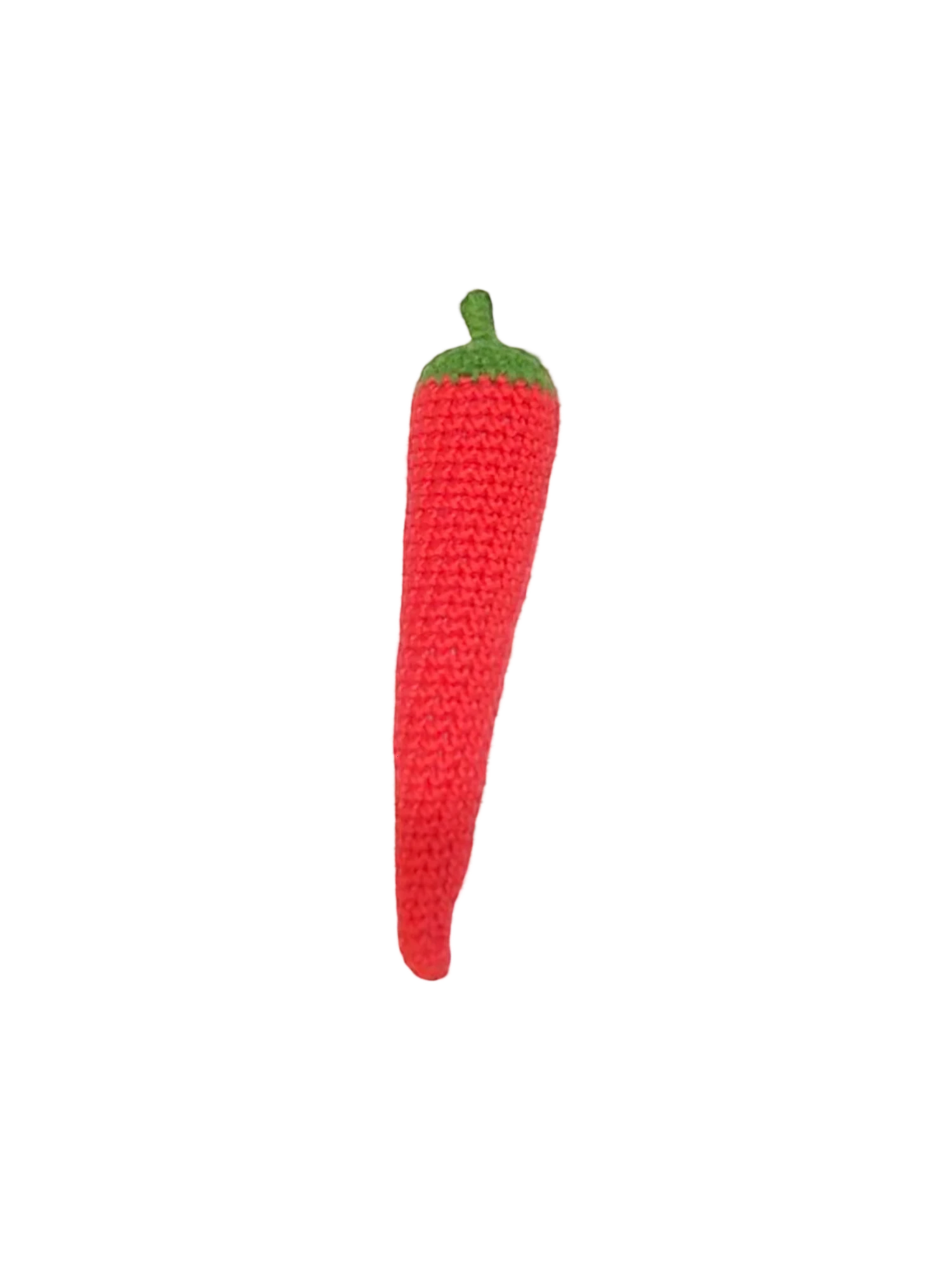 Suzie's Sunshine Dolls red crocheted chili pepper with green stem, made from cotton yarn.