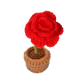 Suzie's Sunshine Dolls red crochet rose in a brown pot, handmade with acrylic yarn.