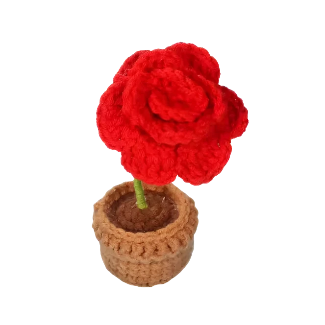 Suzie's Sunshine Dolls red crochet rose in a brown pot, handmade with acrylic yarn.