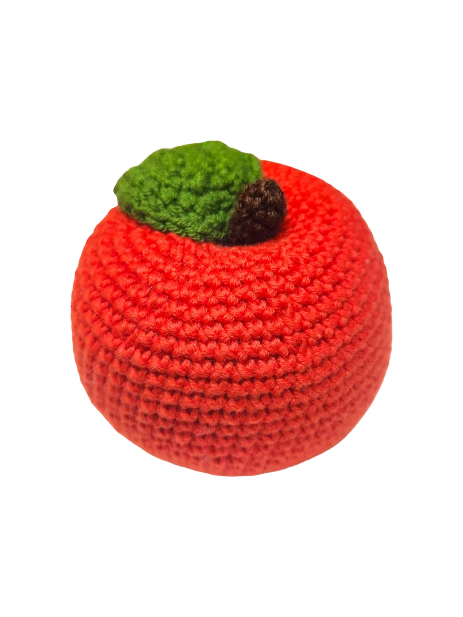Suzie's Sunshine Dolls red crocheted apple with green leaf and brown stem, made from cotton yarn.