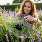 Suzie's Sunshine Dolls Rosie the Redback Spider, a black crocheted toy with a red stripe and big eyes.