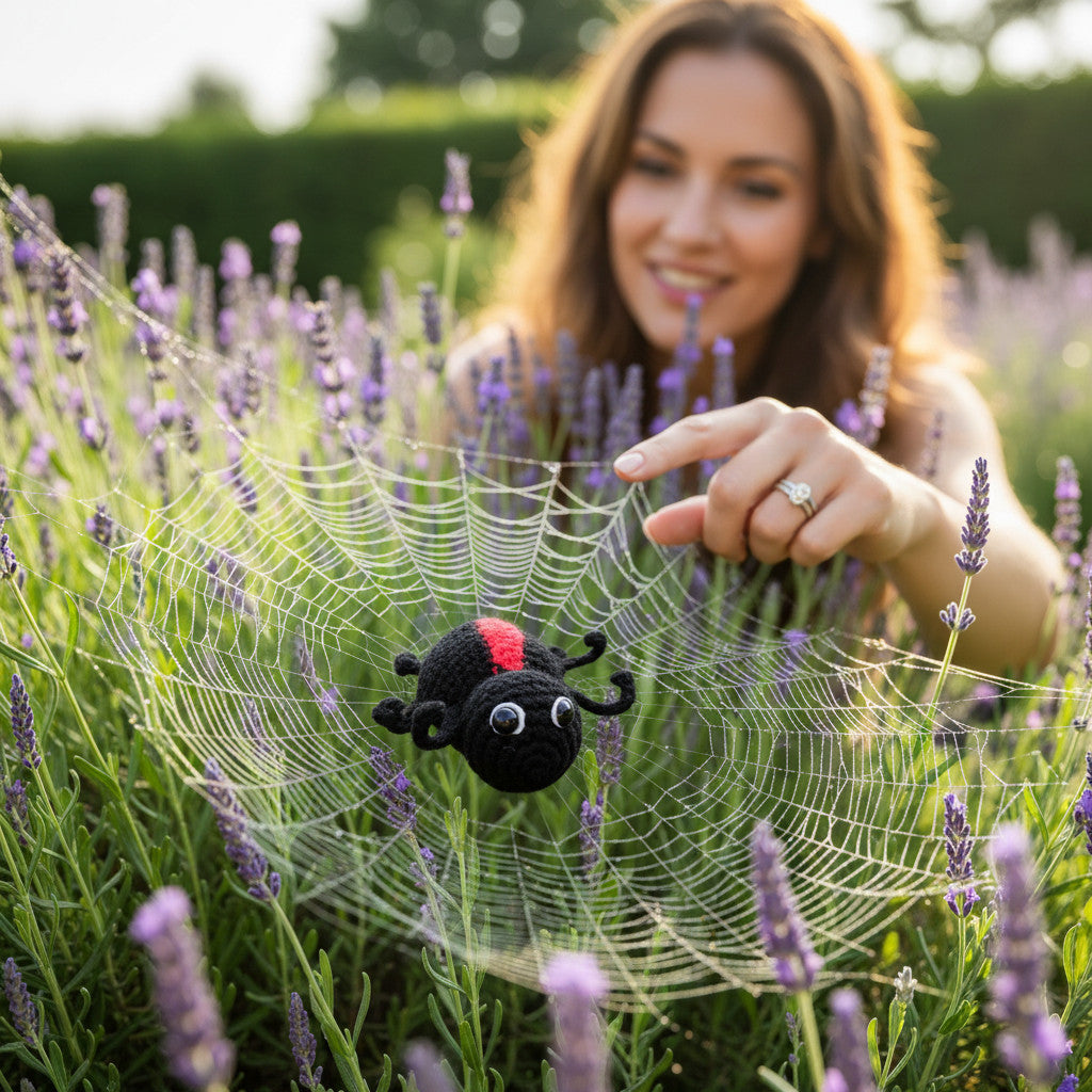 Suzie's Sunshine Dolls Rosie the Redback Spider, a black crocheted toy with a red stripe and big eyes.