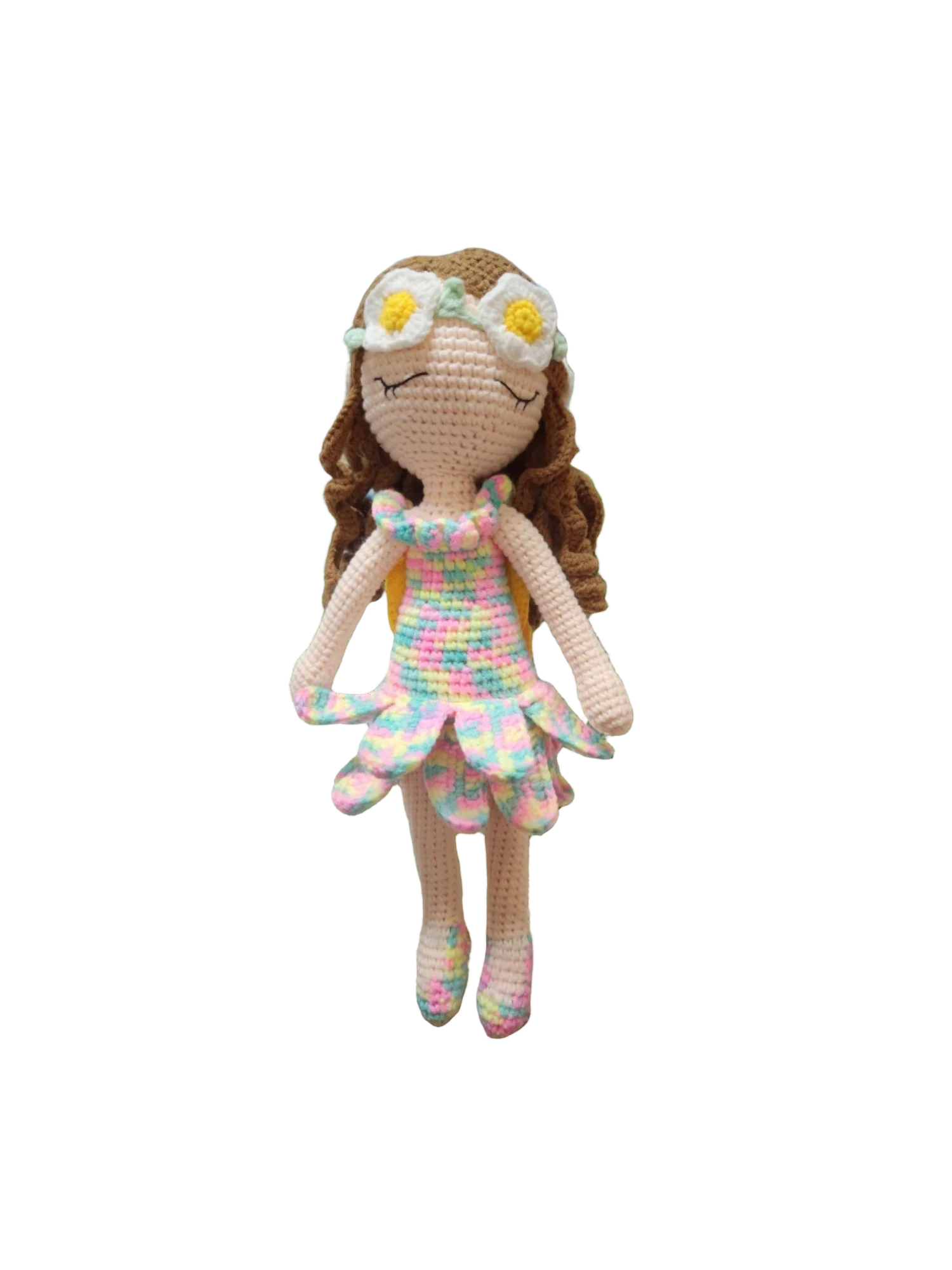 Suzie's Sunshine Dolls River crochet doll with brown curls, daisy crown, and pastel rainbow dress. Yellow wings.