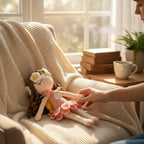 Suzie's Sunshine Dolls River crochet fairy doll with brown curls, daisy crown, pink dress, and yellow wings.