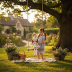 Suzie's Sunshine Dolls River, a crocheted fairy doll with brown curls, daisy crown, yellow wings, and blue dress, held by a girl on a swing.