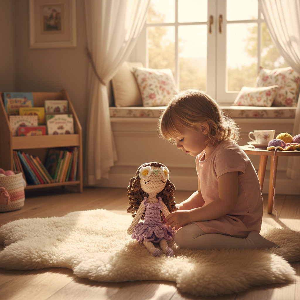 Suzie's Sunshine Dolls River, a crocheted fairy doll with brown curls, daisy crown, and purple dress, sits with a child.