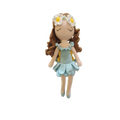 Suzie's Sunshine Dolls River fairy doll with brown curls, blue dress, yellow wings, and daisy crown. Hand-crocheted yarn.