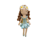 Suzie's Sunshine Dolls River fairy doll with brown curls, blue dress, yellow wings, and daisy crown. Hand-crocheted yarn.