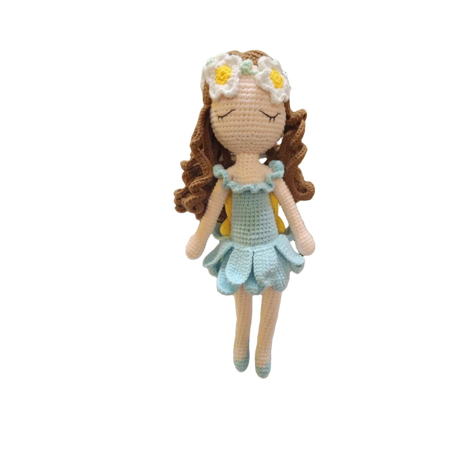 Suzie's Sunshine Dolls River fairy doll with brown curls, blue dress, yellow wings, and daisy crown. Hand-crocheted yarn.