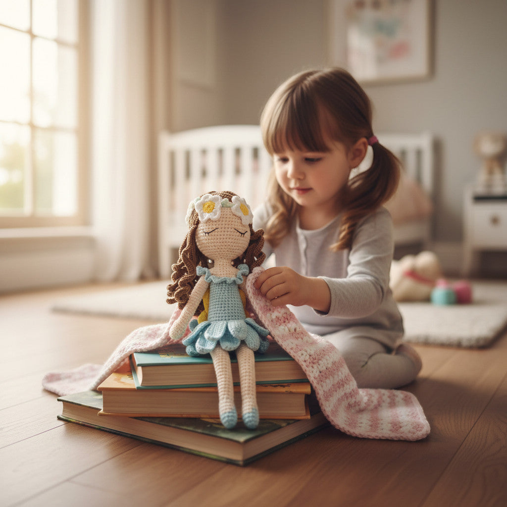 Suzie's Sunshine Dolls River fairy doll with brown curls, daisy crown, blue dress, and yellow wings, sitting on books.