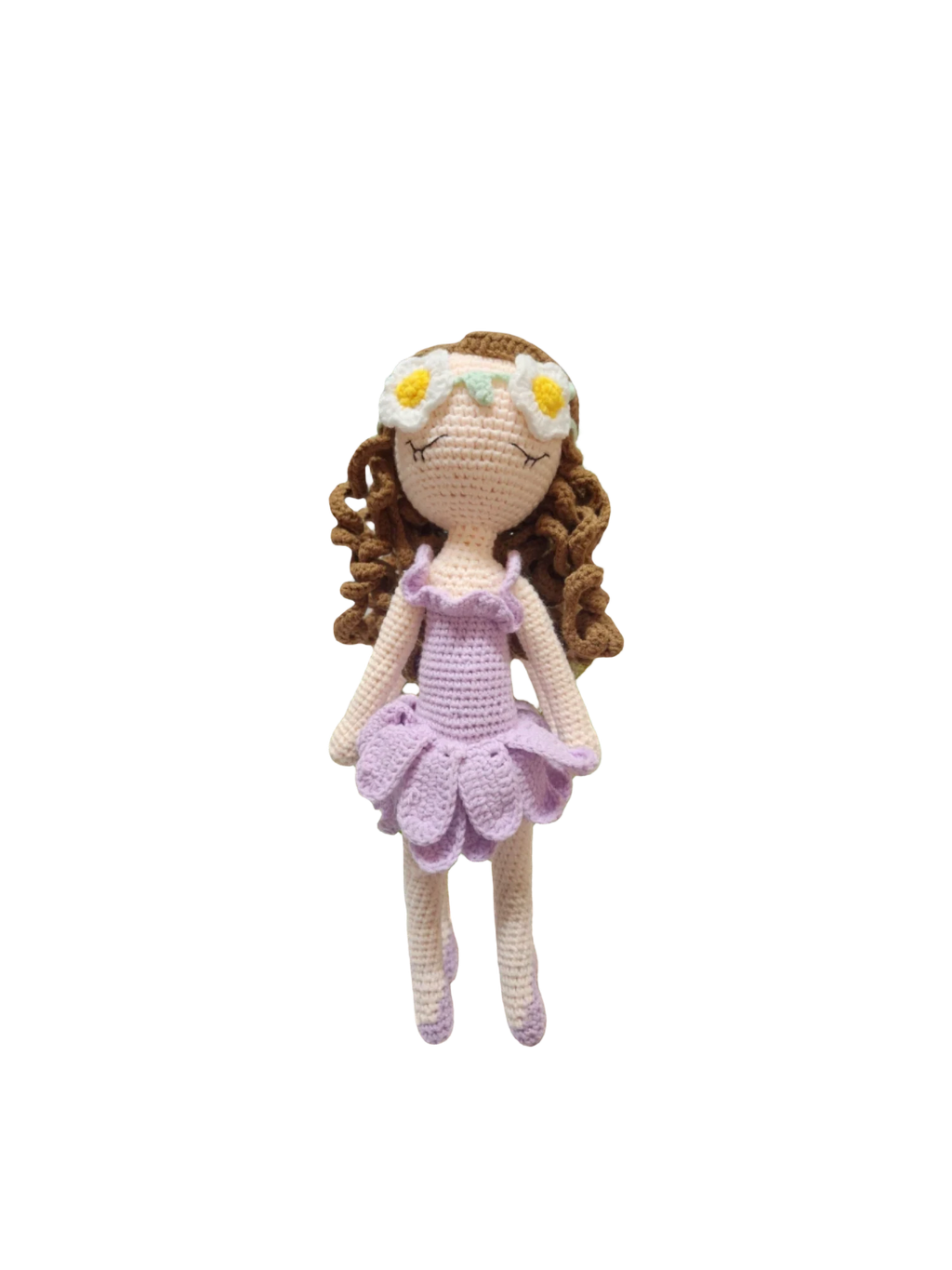 Suzie's Sunshine Dolls River fairy doll with brown curly hair, daisy crown, and lavender dress. Hand-crocheted yarn.
