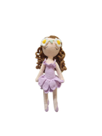 Suzie's Sunshine Dolls River fairy doll with brown curly hair, daisy crown, and lavender dress. Hand-crocheted yarn.