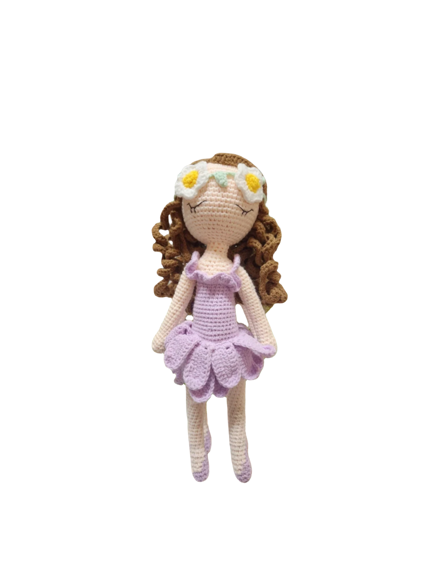 Suzie's Sunshine Dolls River fairy doll with brown curly hair, daisy crown, and lavender dress. Hand-crocheted yarn.