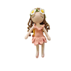 Suzie's Sunshine Dolls River fairy doll, crocheted pink dress, yellow wings, daisy crown, brown curls, closed eyes.