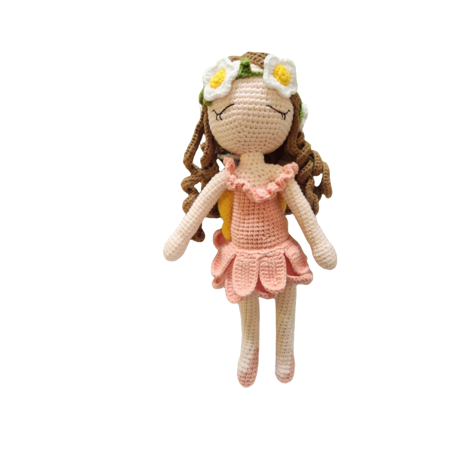 Suzie's Sunshine Dolls River fairy doll, crocheted pink dress, yellow wings, daisy crown, brown curls, closed eyes.