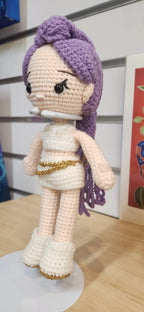 Suzie's Sunshine Dolls Rumi K-Pop Demon Hunter amigurumi doll with lilac hair, white outfit, and gold accents.