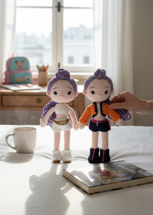 Suzie's Sunshine Dolls Rumi K-Pop Demon Hunter amigurumi doll with lilac hair, one in white outfit, one in orange jacket and blue skirt.