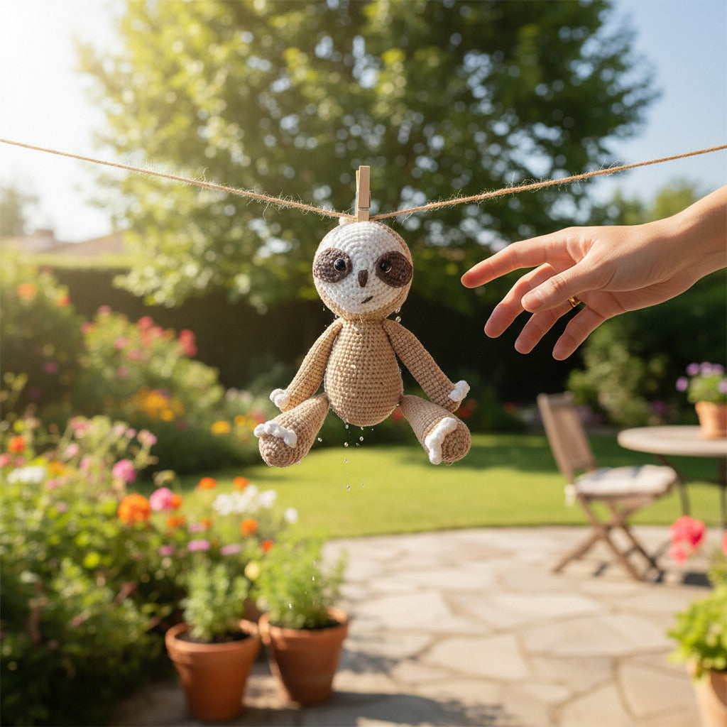 Suzie's Sunshine Dolls Sarah the Sloth handmade crochet doll in beige and white, hanging on a line.