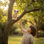 Suzie's Sunshine Dolls Sarah the Sloth, a handmade crochet toy in neutral beige and white with brown eye patches. Approx 30cm tall.