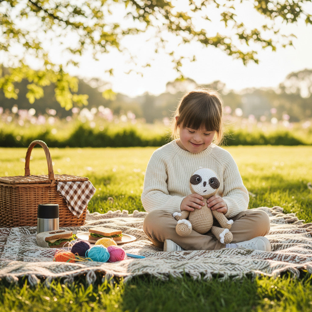 Suzie's Sunshine Dolls Sarah the Sloth, a handmade crochet toy in neutral beige and white with brown accents. Features friendly eyes and soft limbs.