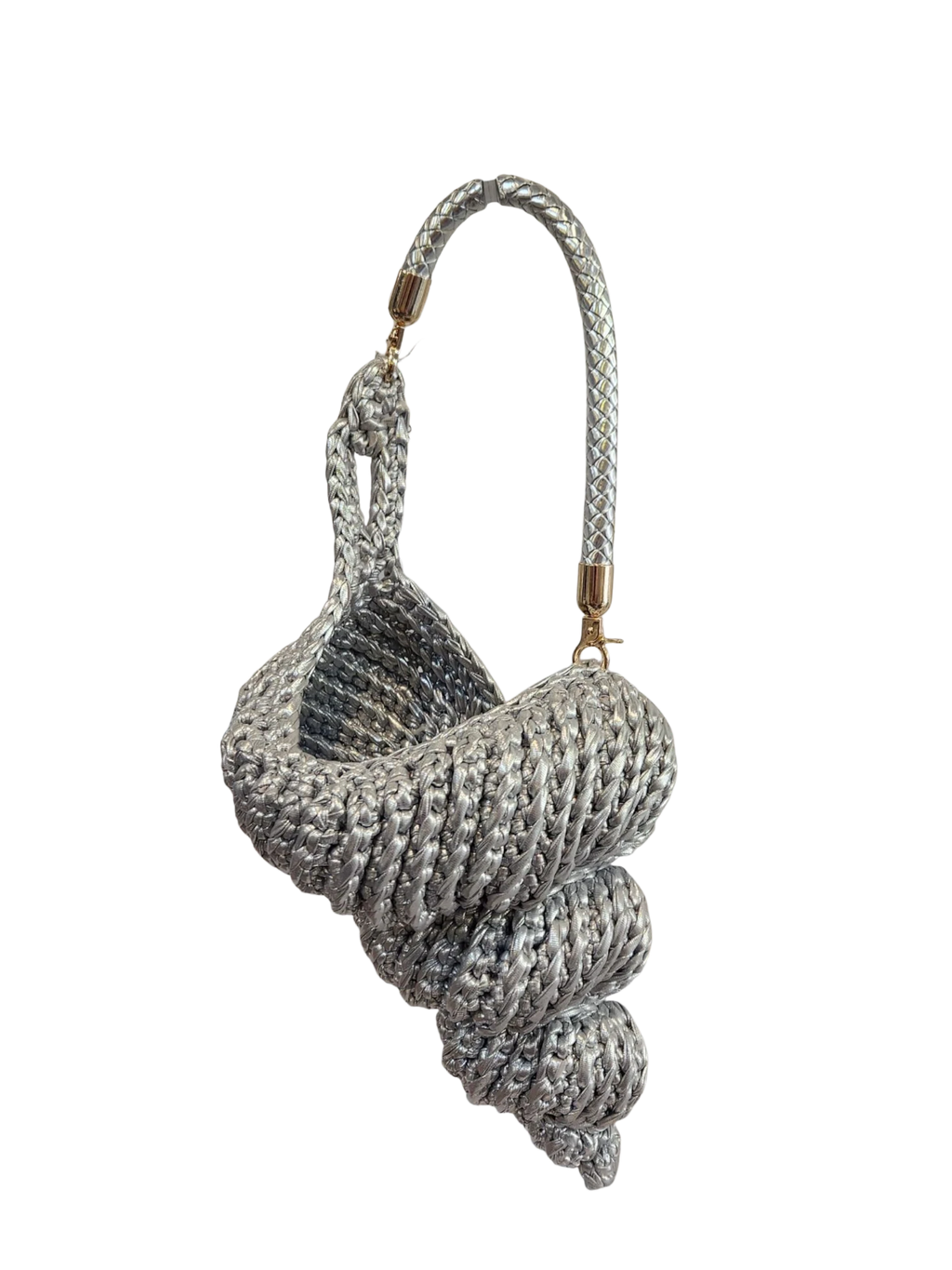 Suzie's Sunshine Dolls silver-grey textured seashell handbag accessory with coiled design and braided strap.