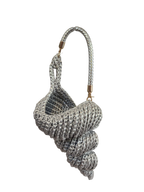 Suzie's Sunshine Dolls silver-grey textured seashell handbag accessory with coiled design and braided strap.
