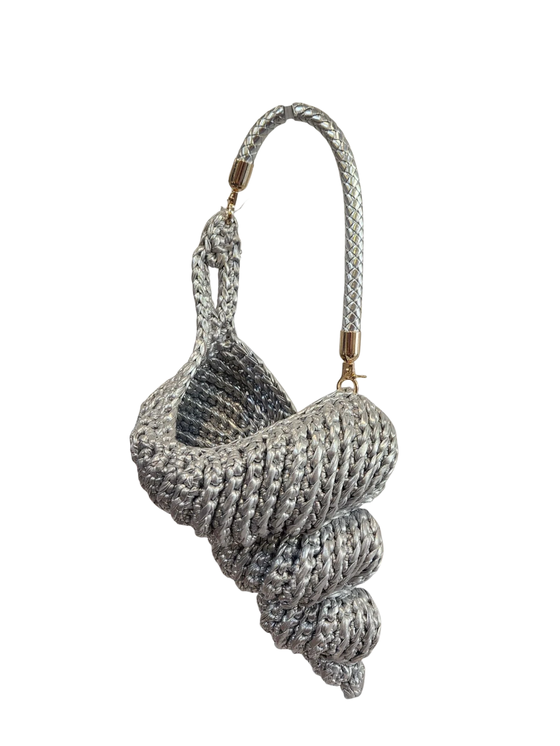 Suzie's Sunshine Dolls silver-grey textured seashell handbag accessory with coiled design and braided strap.
