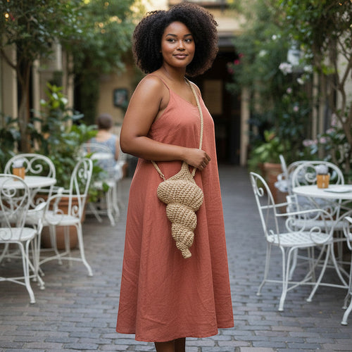 Suzie's Sunshine Dolls natural woven seashell shaped shoulder bag with braided strap.