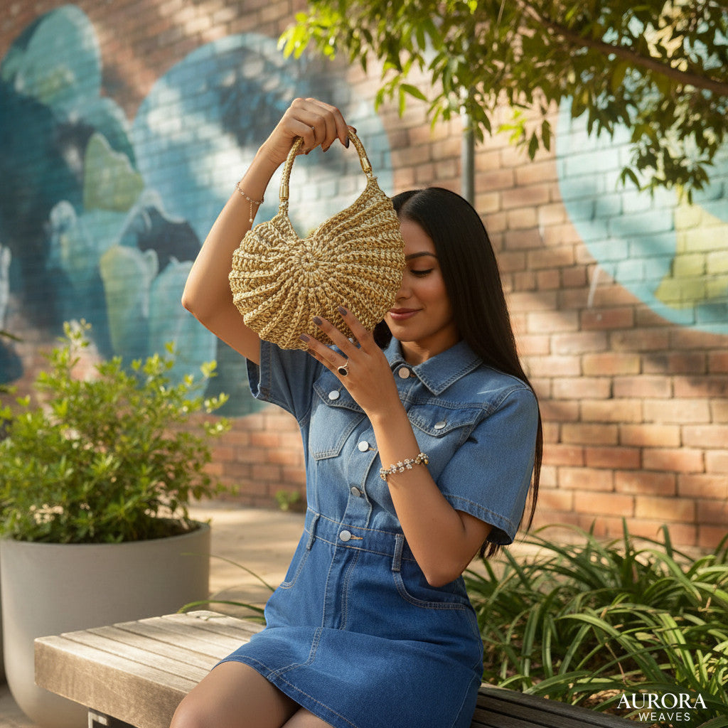 Suzie's Sunshine Dolls textured shell-shaped handbag in metallic gold woven material with a braided handle.