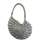 Suzie's Sunshine Dolls silver crochet shoulder bag with braided handle and unique textured design.