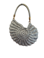 Suzie's Sunshine Dolls silver crochet shoulder bag with braided handle and unique textured design.