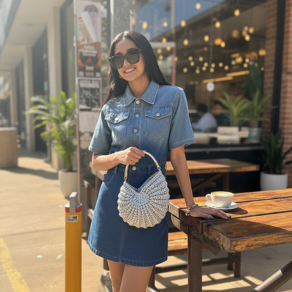 Suzie's Sunshine Dolls silver textured crochet shoulder bag with braided handle, crescent shape.