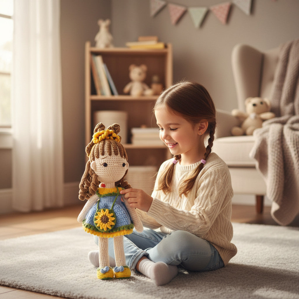 Suzie's Sunshine Dolls Sophie crochet doll in blue dress with yellow trim, sunflower purse, and flower crown.