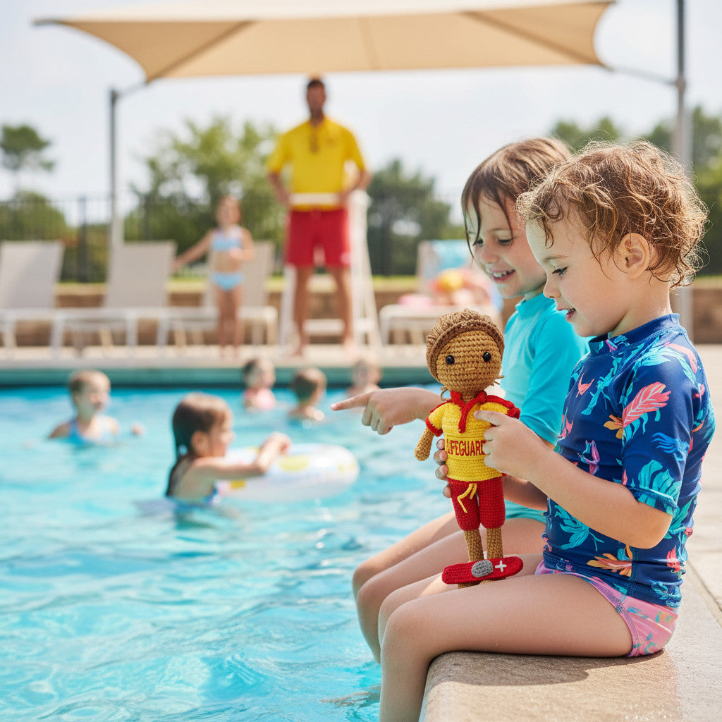 Suzie's Sunshine Dolls handmade crocheted surf lifesaver doll in red and yellow uniform with rescue float.