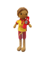 Suzie's Sunshine Dolls Surf Lifesaver doll, crocheted in red and yellow uniform with rescue float. Handmade.