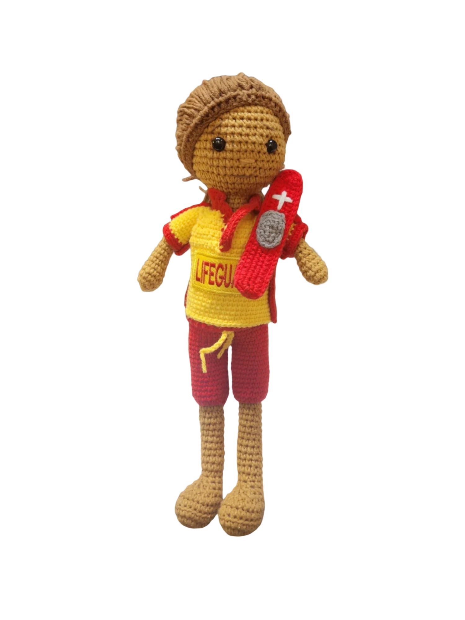 Suzie's Sunshine Dolls Surf Lifesaver doll, crocheted in red and yellow uniform with rescue float. Handmade.