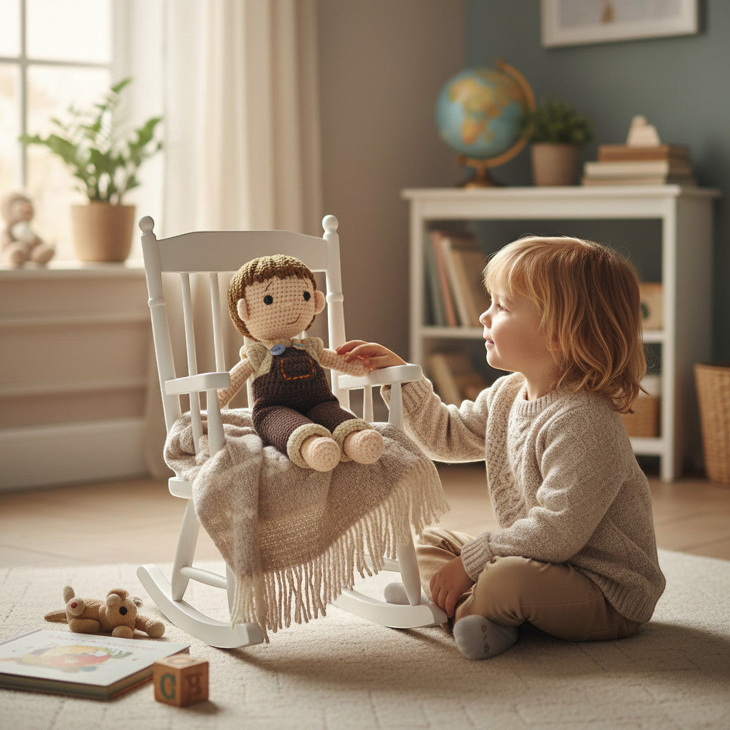 Suzie's Sunshine Dolls Tommy, a hand-crocheted doll with brown hair and overalls, sits on a rocking chair with a child.