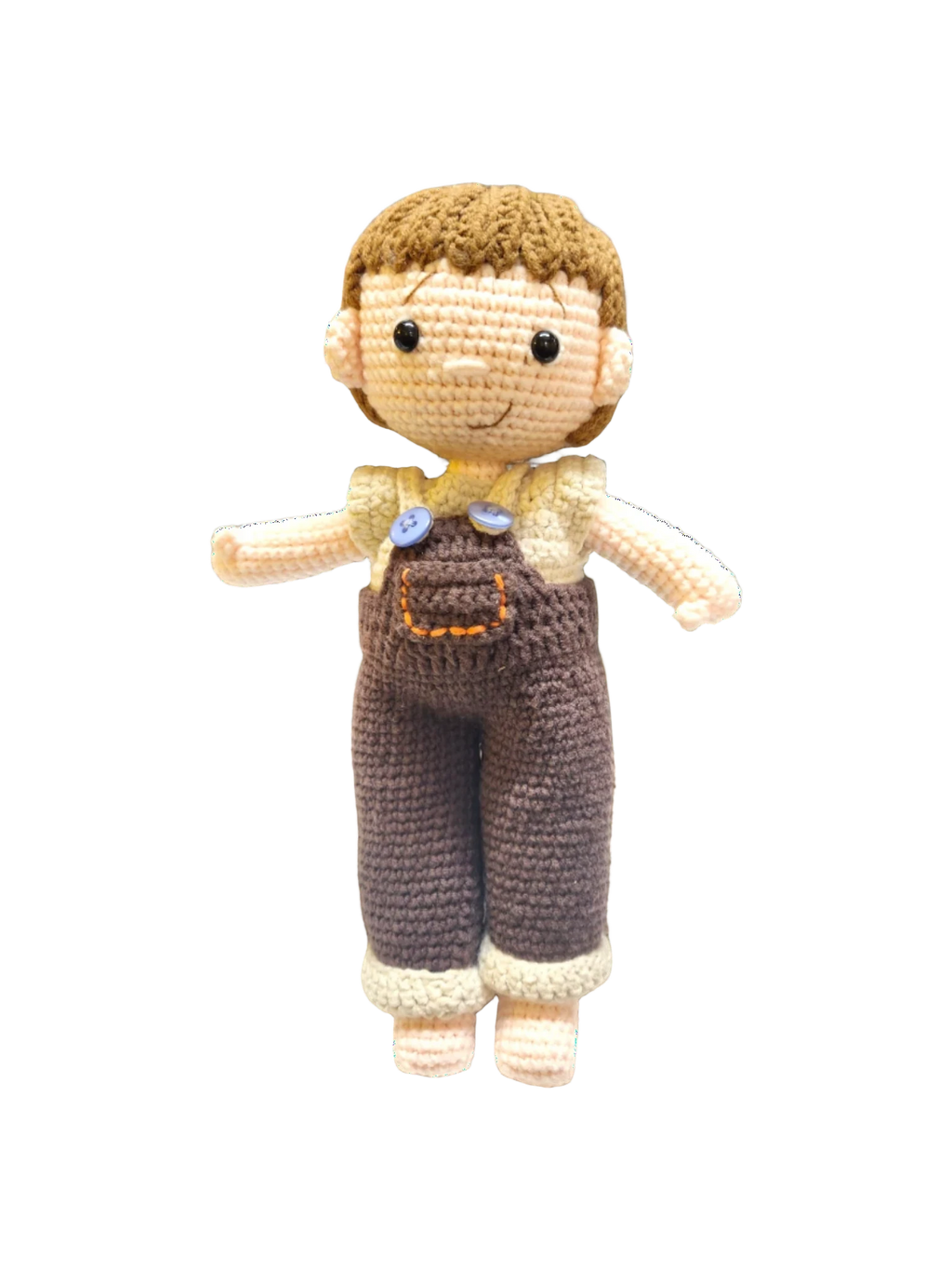 Suzie's Sunshine Dolls Tommy, a hand-crocheted doll with brown hair, wearing brown overalls and a cream shirt. Features button details.