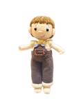 Suzie's Sunshine Dolls Tommy, a hand-crocheted doll with brown hair, wearing brown overalls and a cream shirt. Features button details.