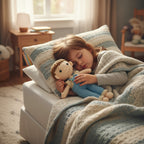 Suzie's Sunshine Dolls Tommy, a soft, hand-crocheted boy doll with brown hair, wearing blue overalls and a cream shirt.