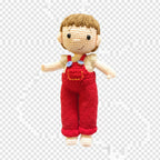 Suzie's Sunshine Dolls Tommy, a hand-crocheted doll with brown hair, wearing red overalls and a cream shirt. Features button details.