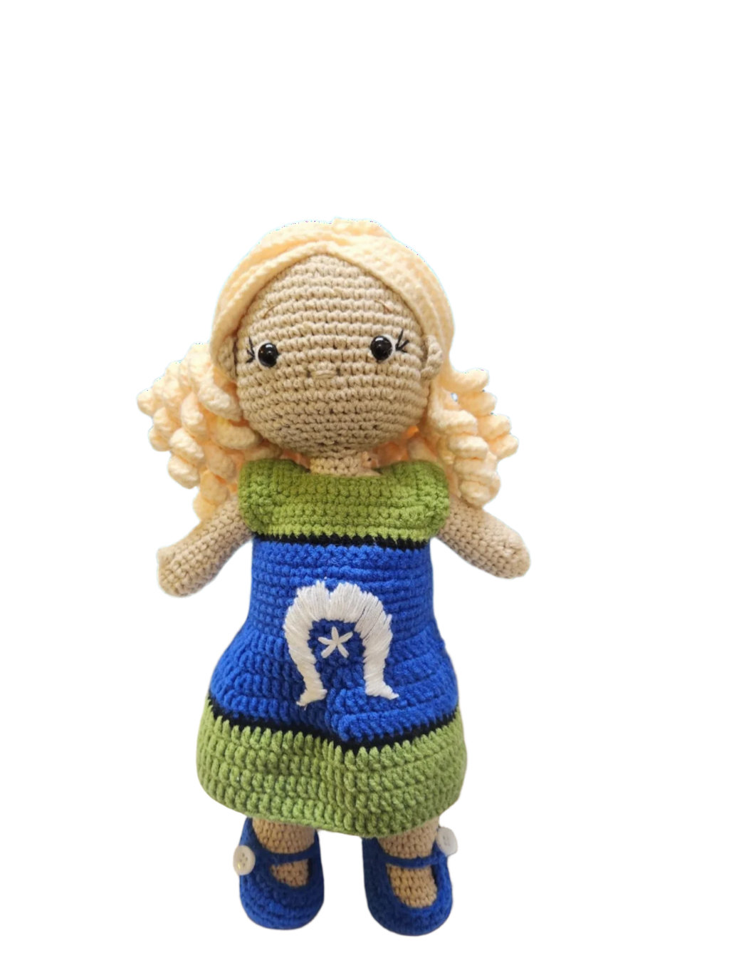 Suzie's Sunshine Dolls Leilani, a handmade crochet doll with blonde curly hair and a blue dress featuring the Torres Strait Islander flag symbol.