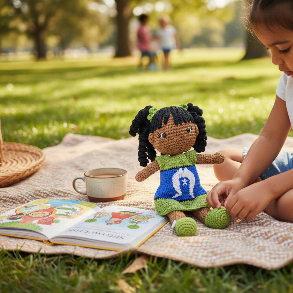 Suzie's Sunshine Dolls handmade crochet doll with long black curly hair, wearing a blue dress with white Dhari symbol and green trim.