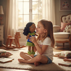 Suzie's Sunshine Dolls handmade crochet doll with long black curly hair and a dress inspired by the Torres Strait Islander flag.