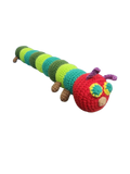 Suzie's Sunshine Dolls The Very Hungry Caterpillar crochet toy, red head with yellow and green eyes, green and blue segmented body, brown legs.