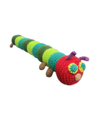 Suzie's Sunshine Dolls The Very Hungry Caterpillar crochet toy, red head with yellow and green eyes, green and blue segmented body, brown legs.