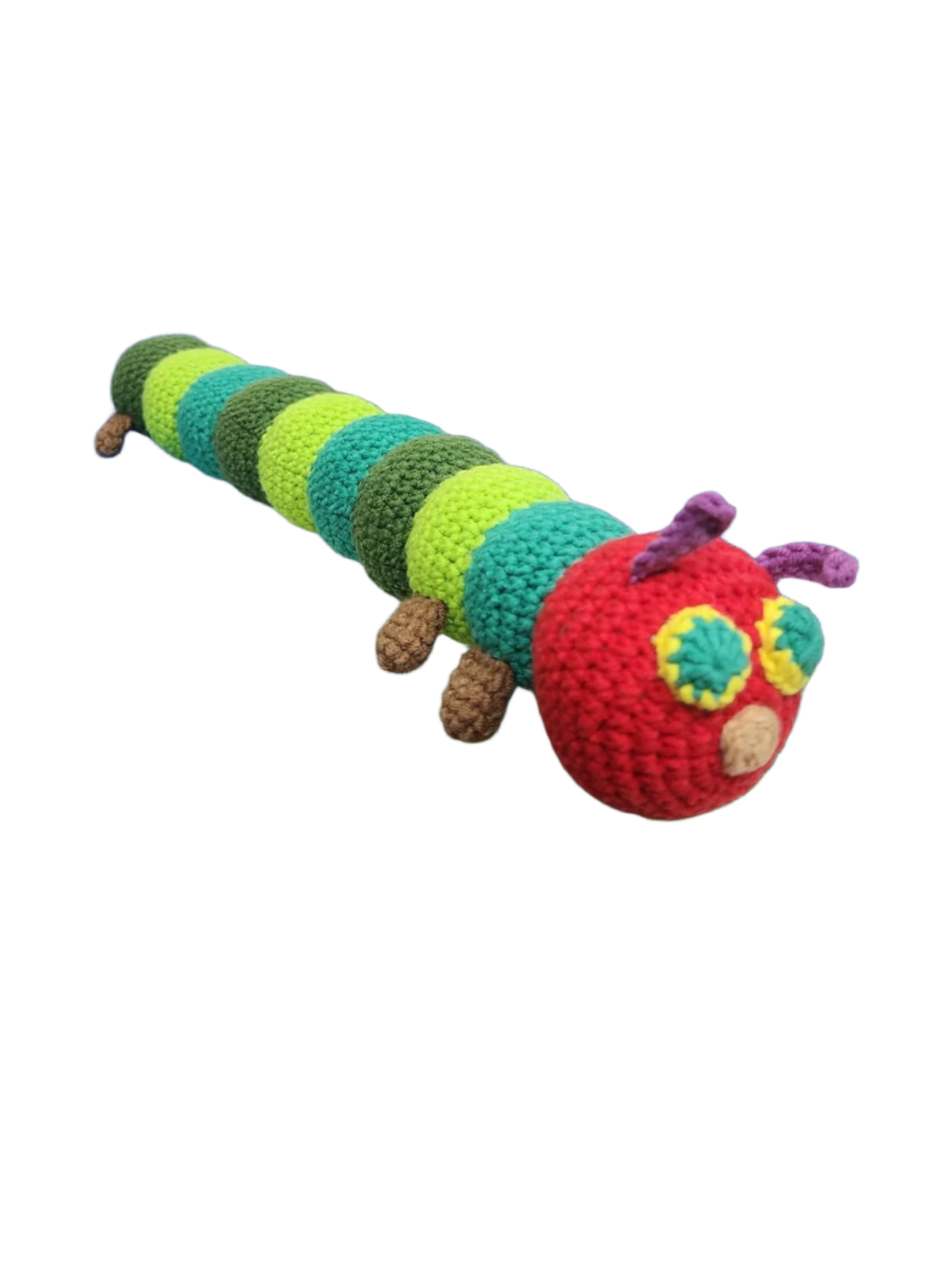 Suzie's Sunshine Dolls The Very Hungry Caterpillar crochet toy, red head with yellow and green eyes, green and blue segmented body, brown legs.