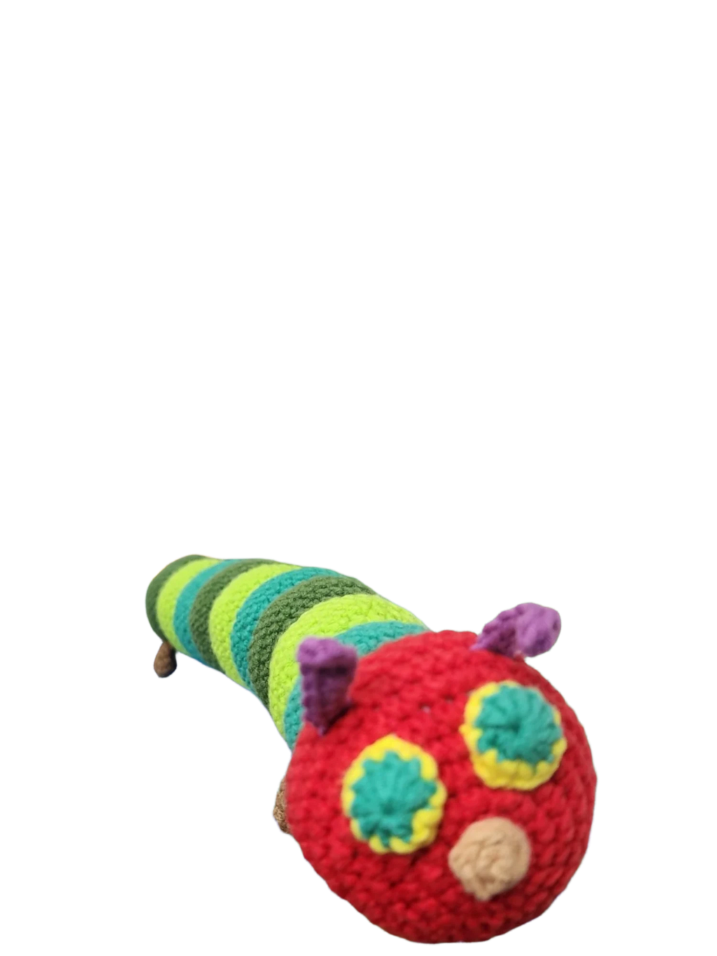 Suzie's Sunshine Dolls The Very Hungry Caterpillar crochet toy, red head with yellow and green eyes, green and blue striped body.