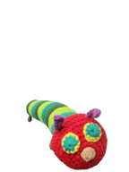 Suzie's Sunshine Dolls The Very Hungry Caterpillar crochet toy, red head with yellow and green eyes, green and blue striped body.